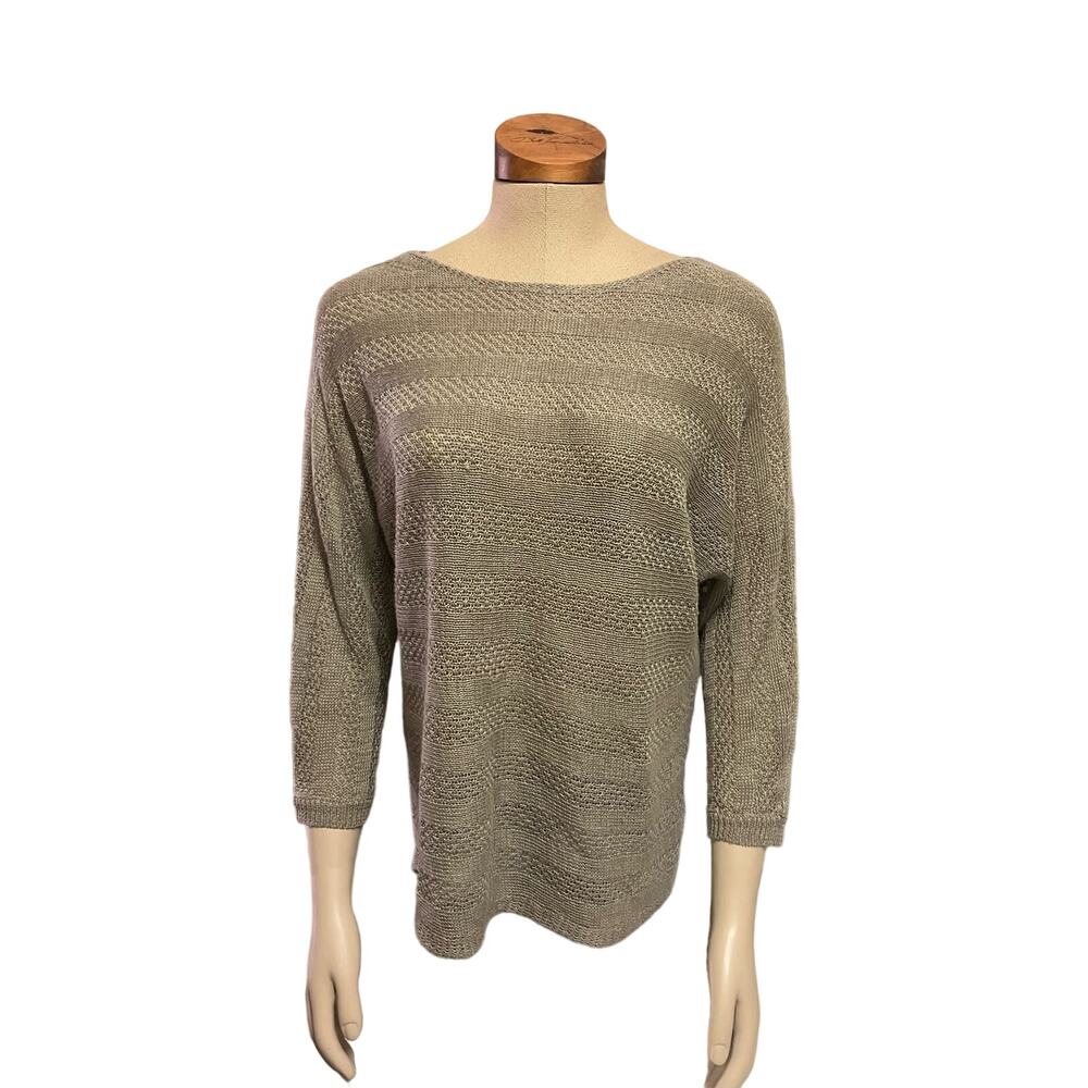 TAHARI 100% Linen Top‎ Boho Taupe Gray Brown Medium BOHO 3/4 Sleeve